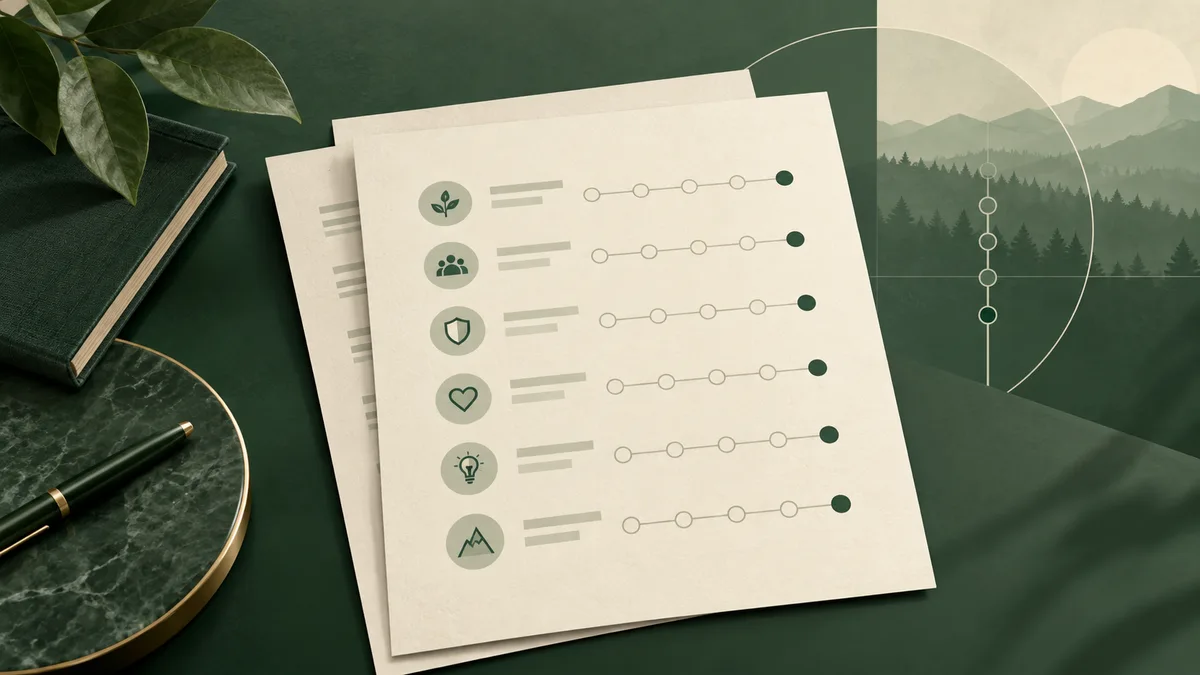 Cream-colored report pages on a dark green surface, with six icon rows and connected circles ending in dark green dots; leaves, a pen, books, and a mountain illustration surround the pages.