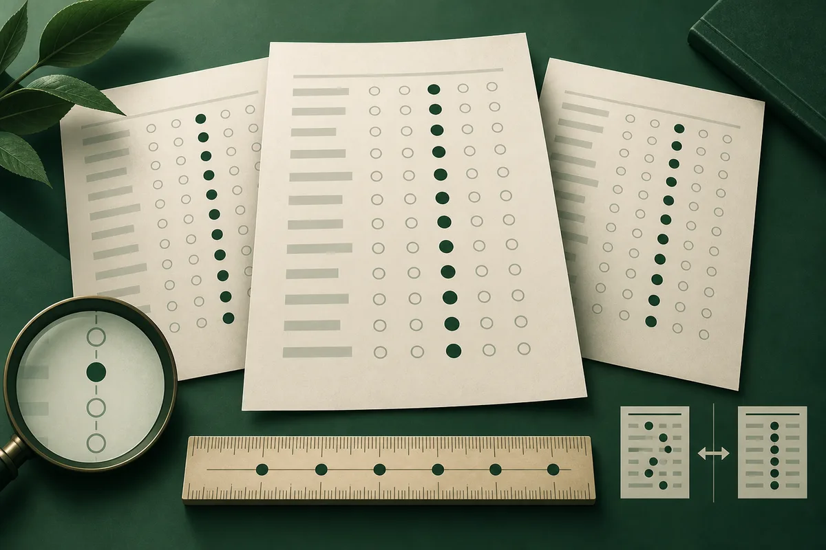 Three cream-colored sheets display rows of empty circles with dark green dots aligned in vertical columns; a magnifying glass and a wooden ruler sit nearby, with two small comparison cards at the bottom.