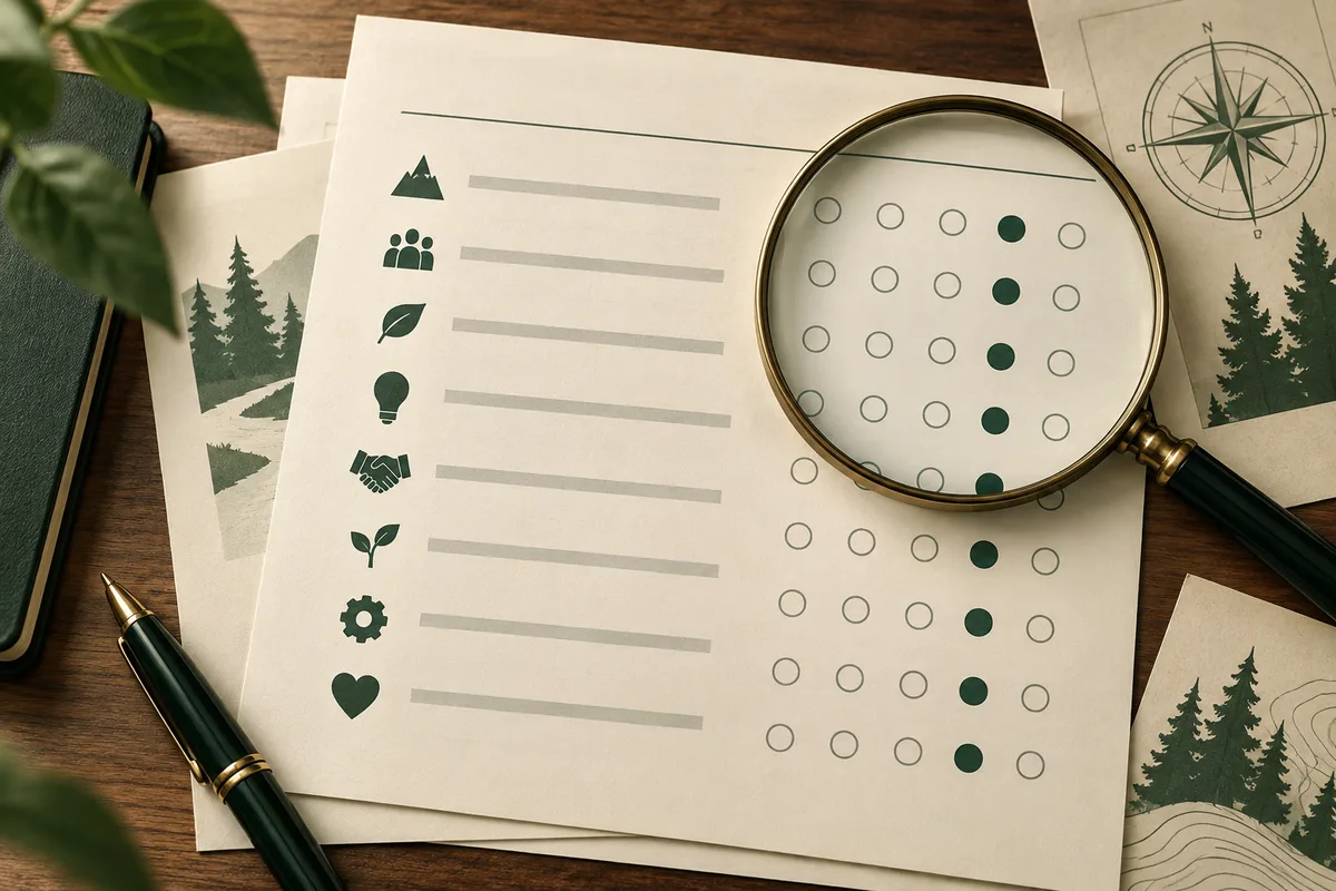 A cream-colored report sheet with eight green icons and blank text bars shows rows of circles with dark green dots in one column under a magnifying glass; forest illustrations and a compass surround it.