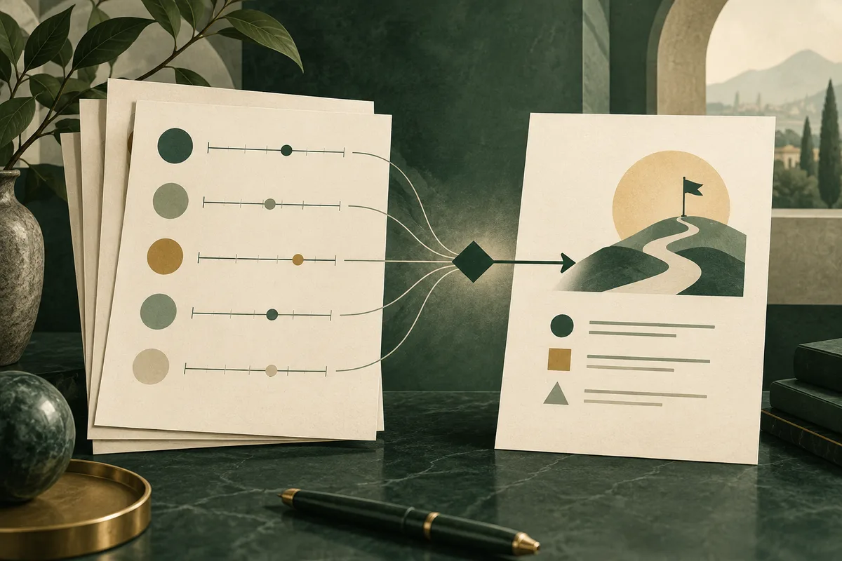 Five colored markers on rating scales connect to a report page showing a winding path toward a flag; a pen and plant sit on the desk.