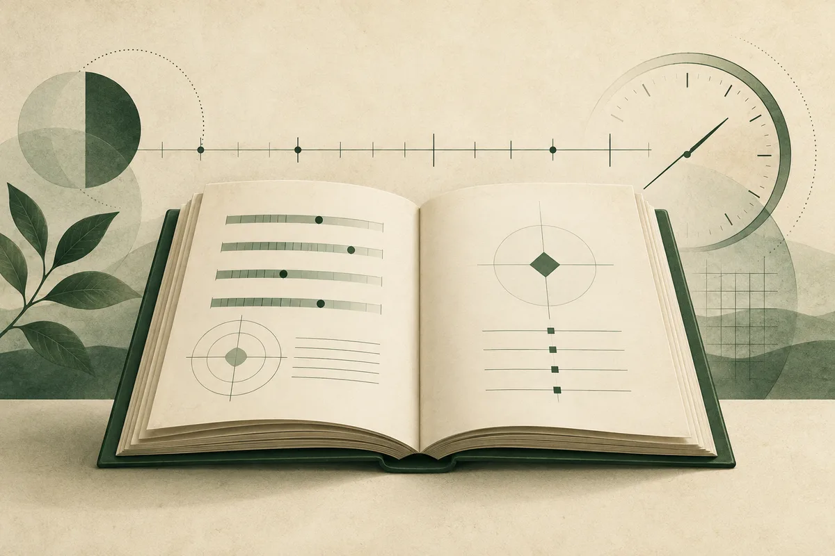 Open book with green measurement diagrams, a horizontal scale, a circular gauge, and leafy shapes on a pale background.