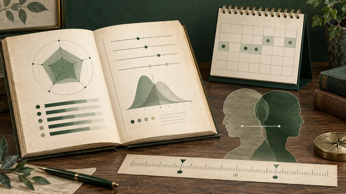 Open book showing a radar diagram, horizontal scales, and overlapping bell-shaped curves beside a calendar, profile silhouettes, a ruler, and a pen.