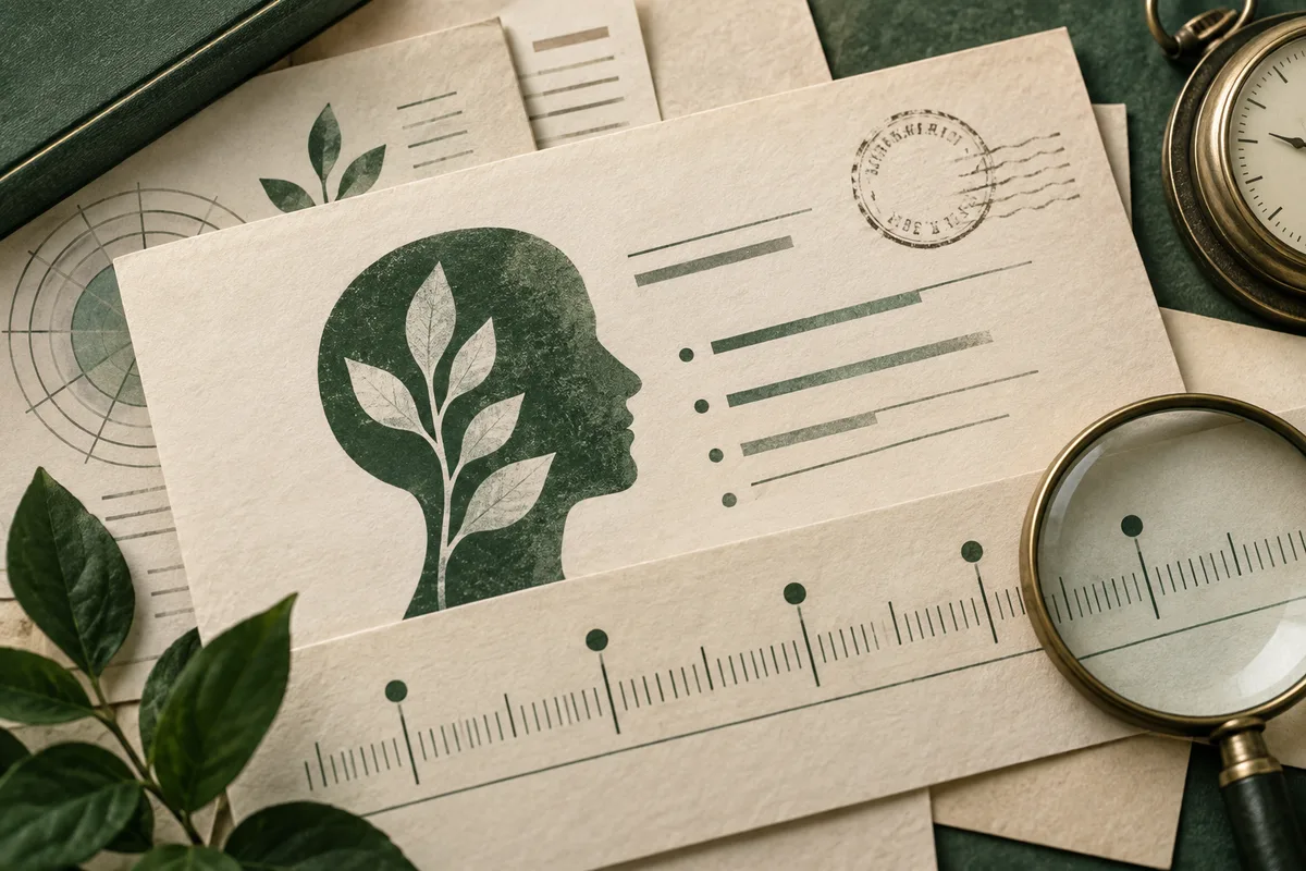 Paper cards with a green side-profile silhouette containing a leafy branch, horizontal bars, a ruler, leaves, and a magnifying glass.