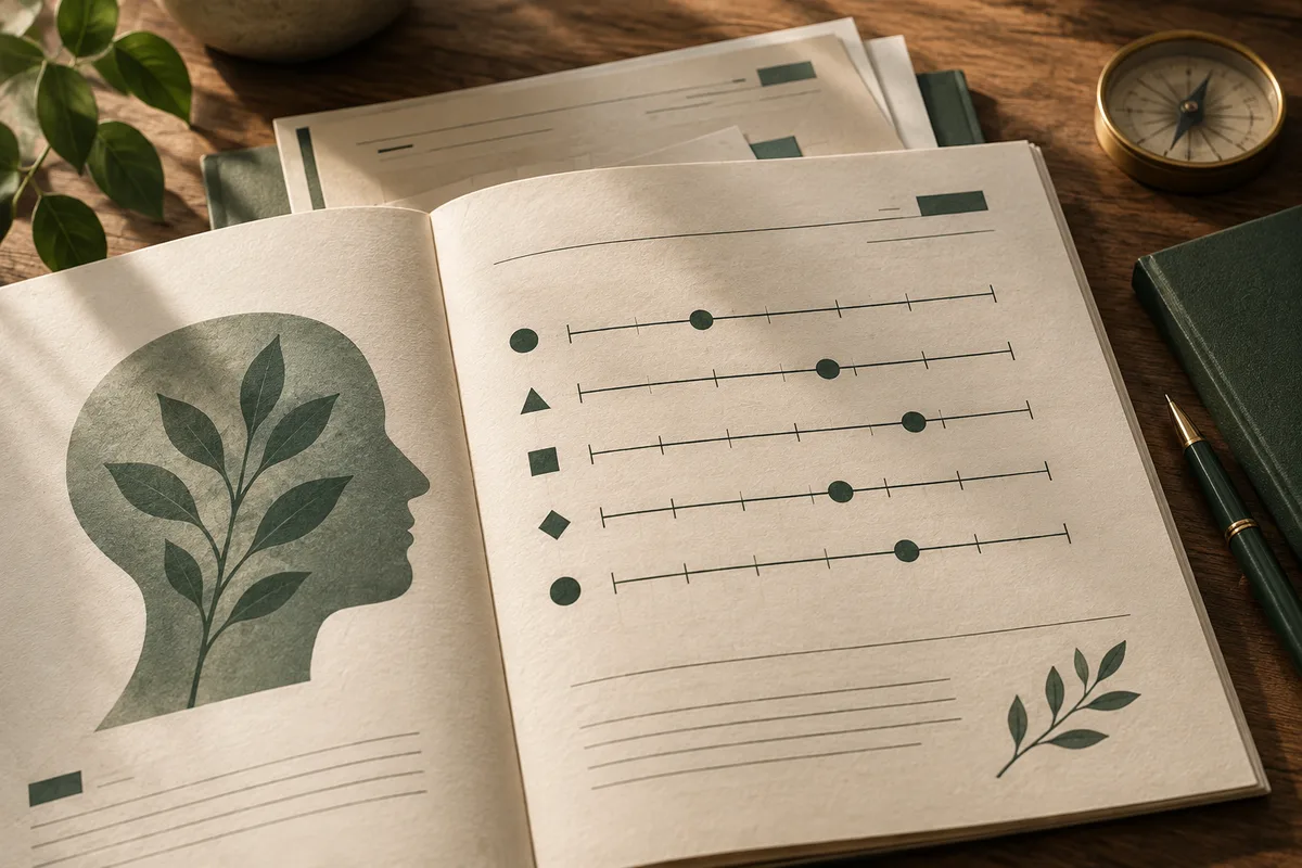 Open book with a leafy side-profile silhouette and five horizontal scales marked with geometric symbols, surrounded by papers, a compass, and a pen.