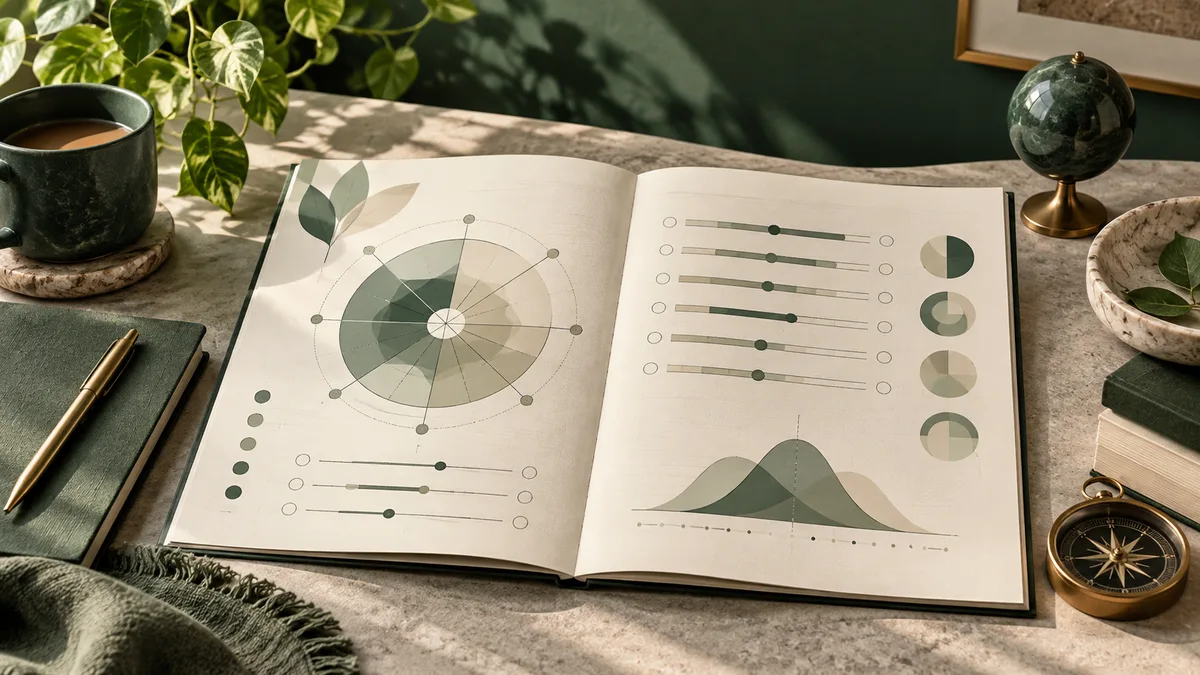 Open notebook on a desk showing a circular chart, horizontal bars, pie charts, and overlapping area graphs, with a coffee cup, plants, compass, and pen nearby.