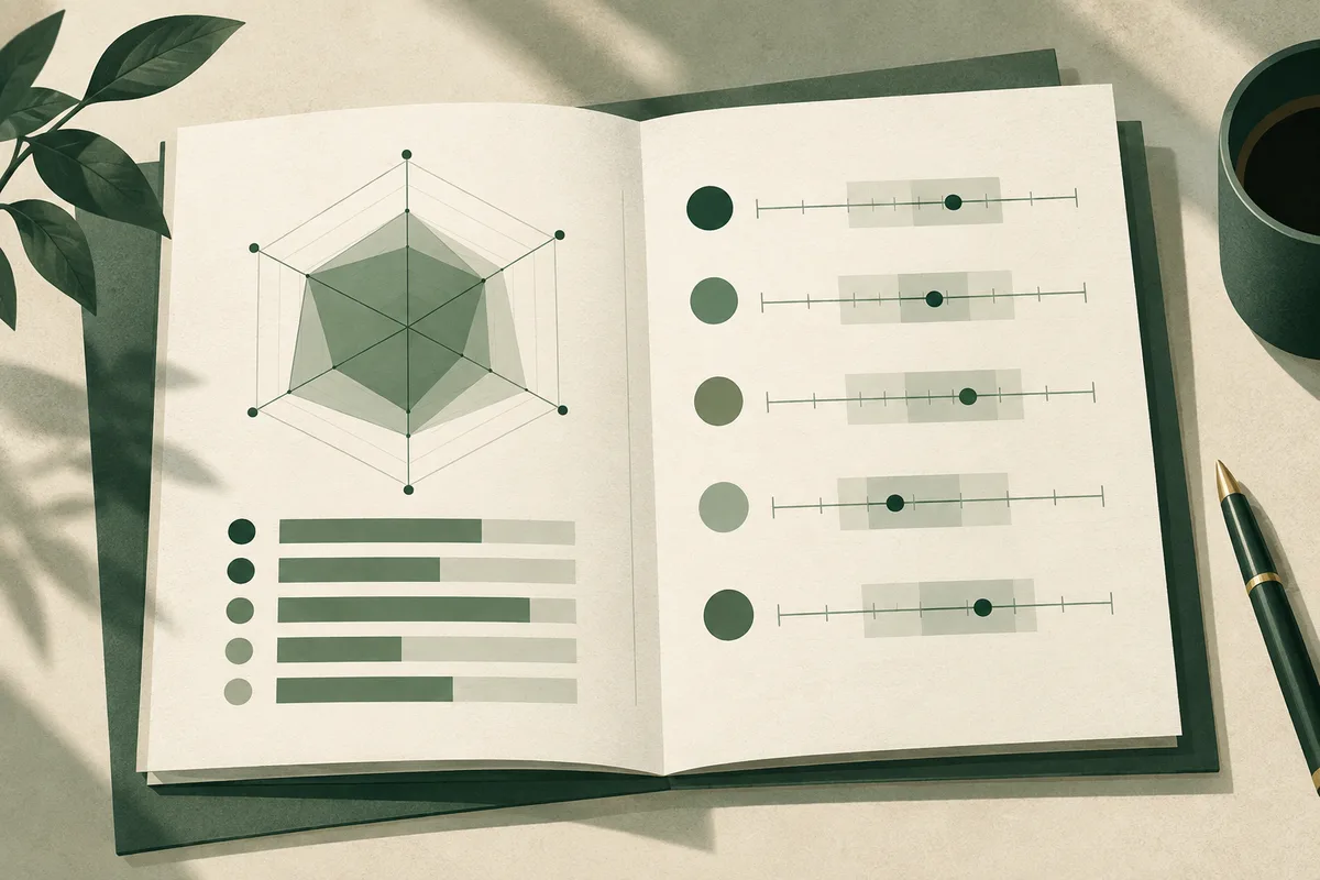 Open notebook showing a green polygon chart and horizontal bar charts on one page, with colored circles and range lines on the other.