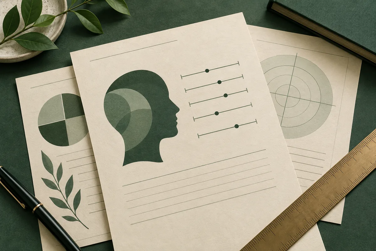 Cream sheet with a dark green profile silhouette containing overlapping circles, five horizontal marker lines, and blank ruled lines, over other charts and a ruler.