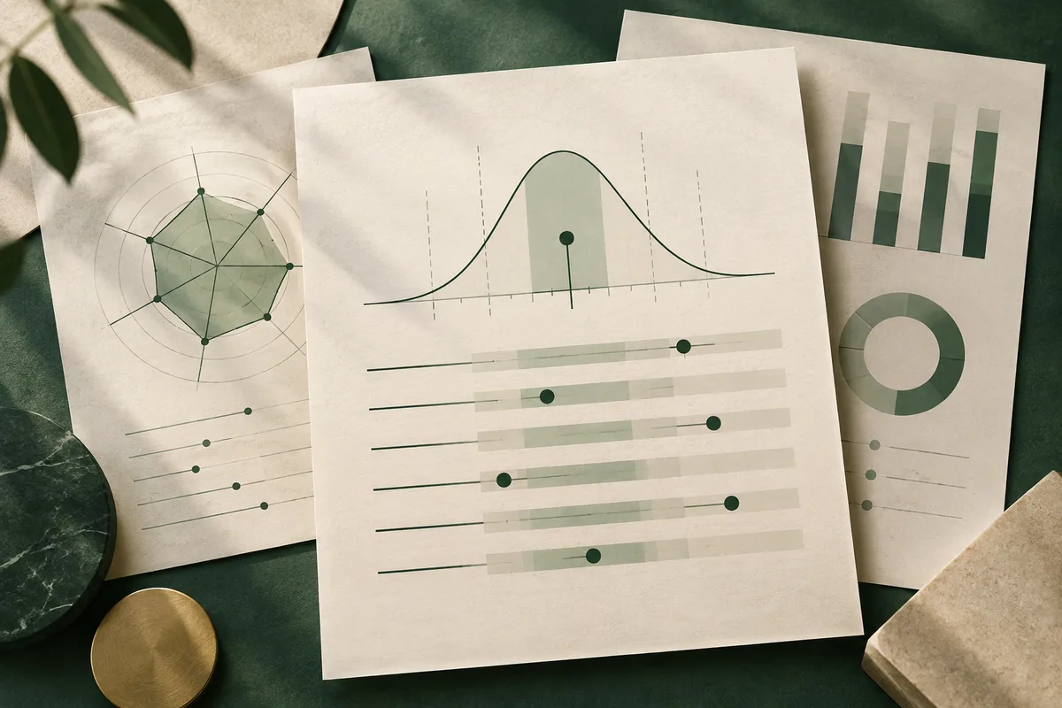 Three overlapping cream report pages show a radar chart, a bell curve with a marked point, horizontal scales, bar chart, and ring chart in dark green.