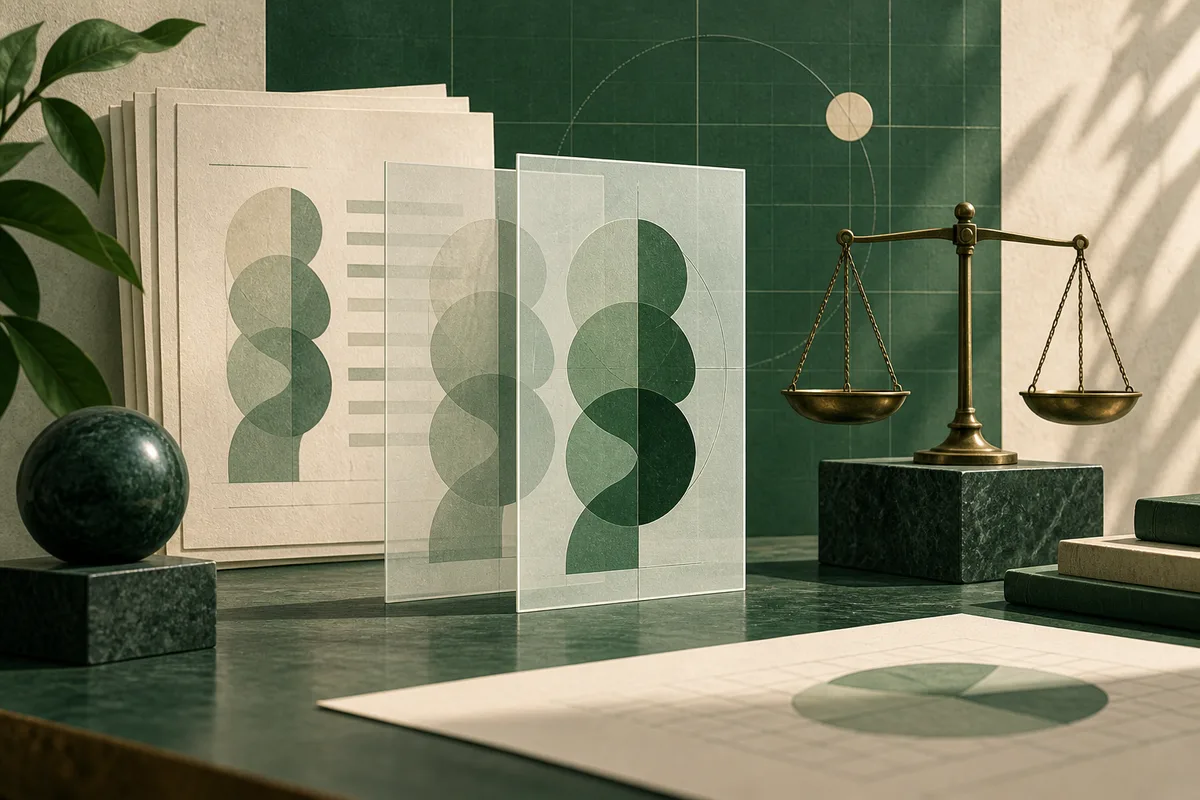 Abstract green circles appear on stacked papers and transparent panels beside a balance scale, a dark sphere, a plant, and a chart sheet on a green tabletop.