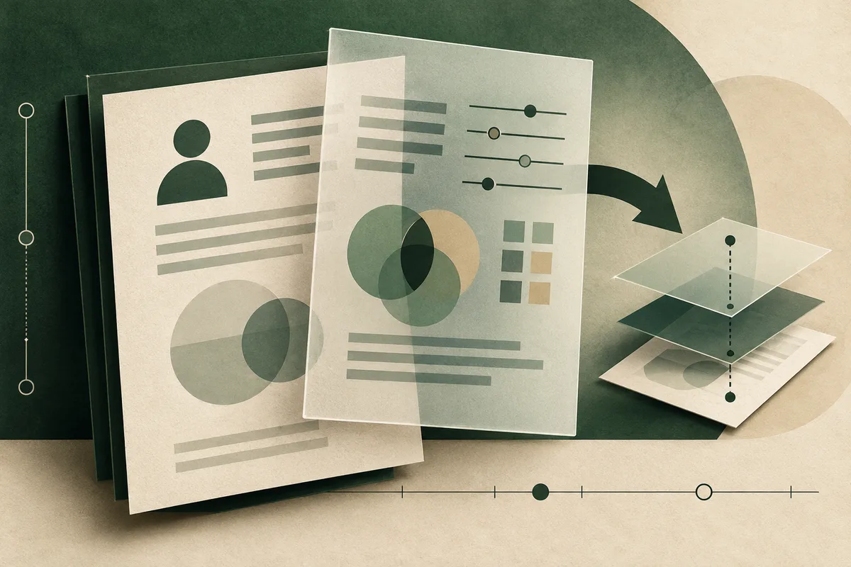 Layered report sheets show an abstract person icon, horizontal bars, circles, sliders, and colored squares, with an arrow pointing toward stacked transparent sheets.