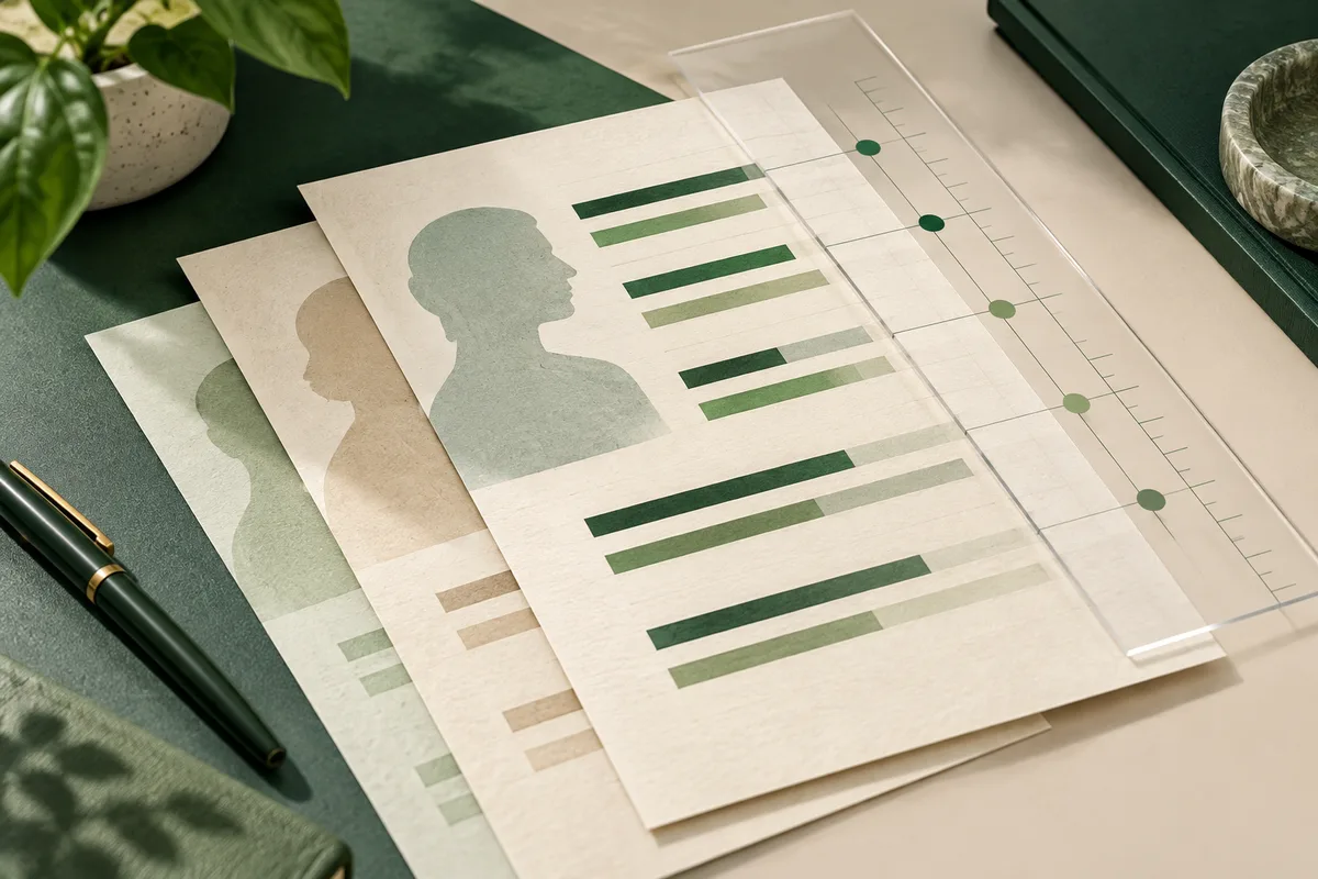 Stacked papers show profile silhouettes and horizontal green bars beside a transparent measuring scale with colored dots; a pen, plant, book, and bowl sit nearby.