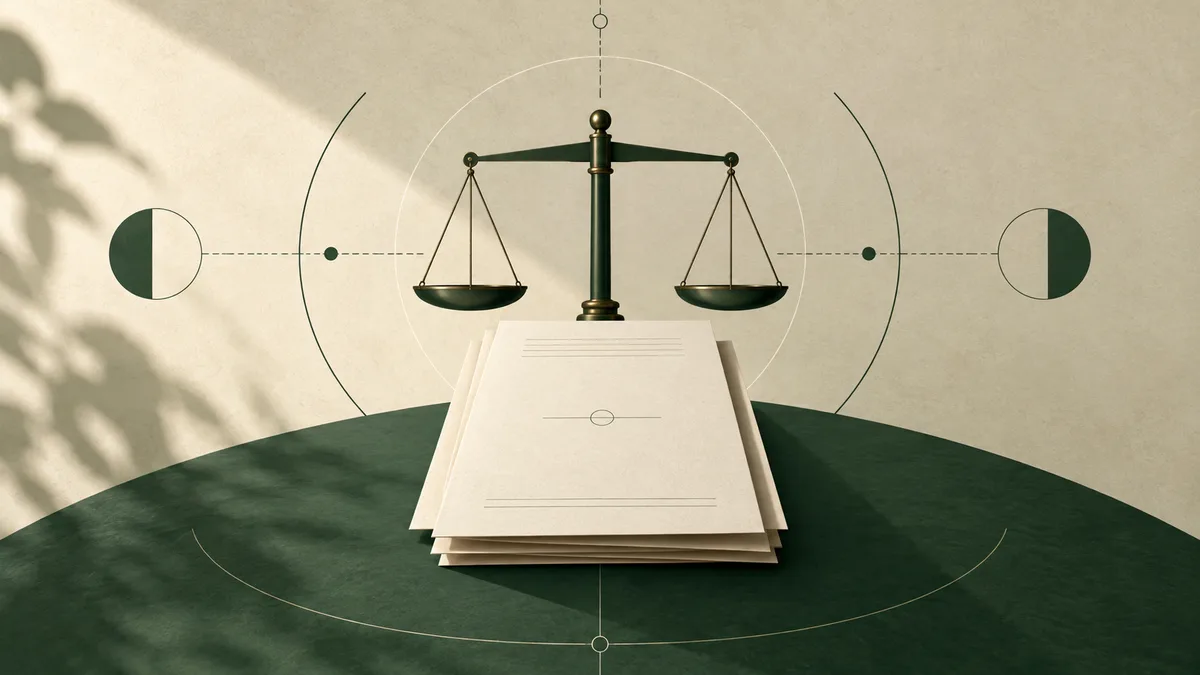 A balanced dark green scale stands behind a stack of blank cream papers, surrounded by fine circular and measurement-like lines.