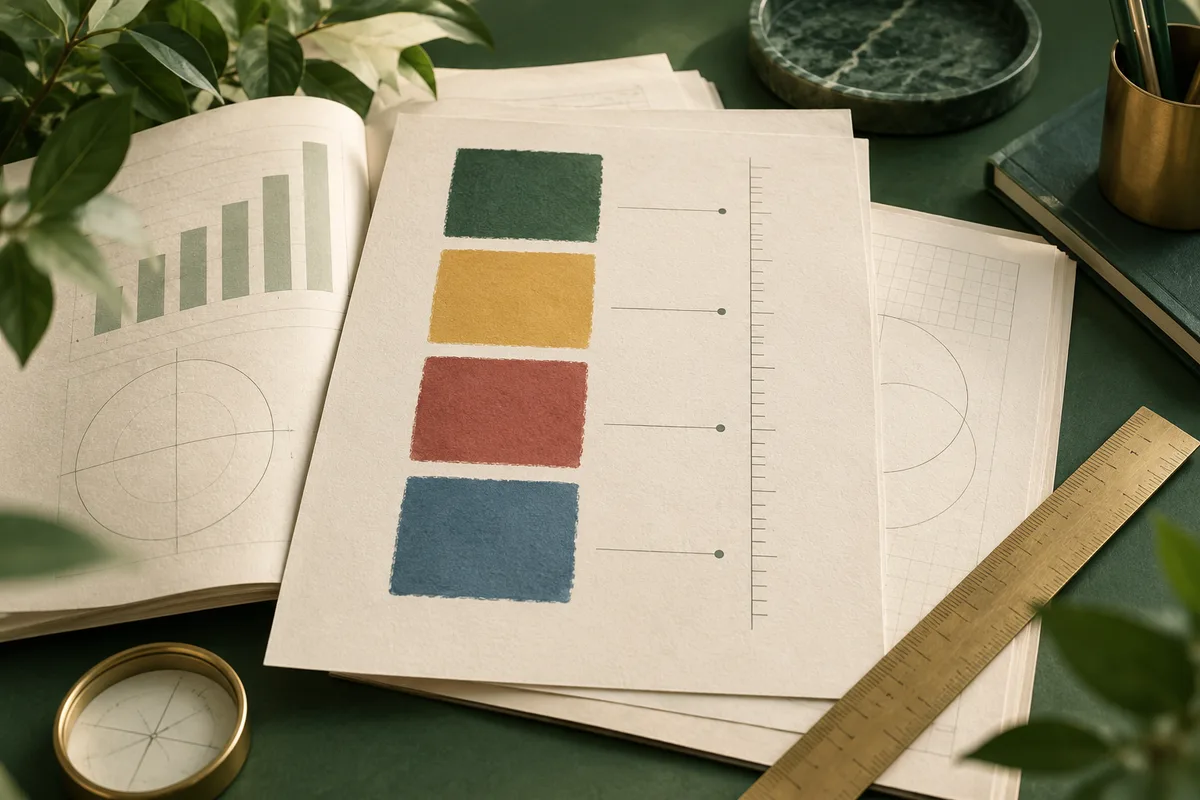 A paper chart with four stacked color swatches beside a vertical scale, surrounded by sketch graphs, a ruler, a compass, and leafy plants.