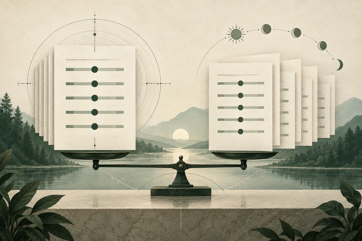 A balance scale holding stacks of cream-colored report pages, set against a forested lake and mountains with circular measurement marks and moon phases above.