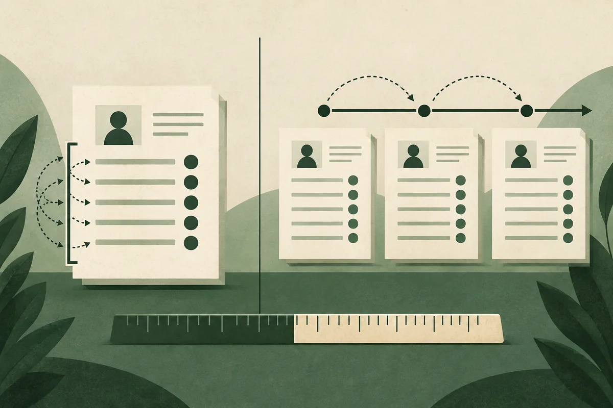 Cream-colored profile pages with portrait silhouettes, lines, and circular markers arranged beside arrows, a timeline, and a ruler.