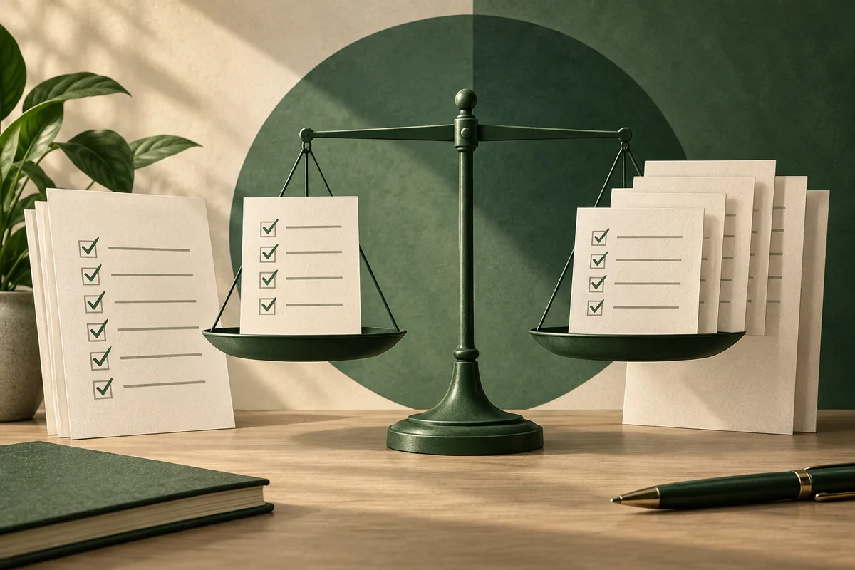 A dark green balance scale holds checklist pages on a wooden desk, with more pages, a notebook, a pen, and a potted plant nearby.
