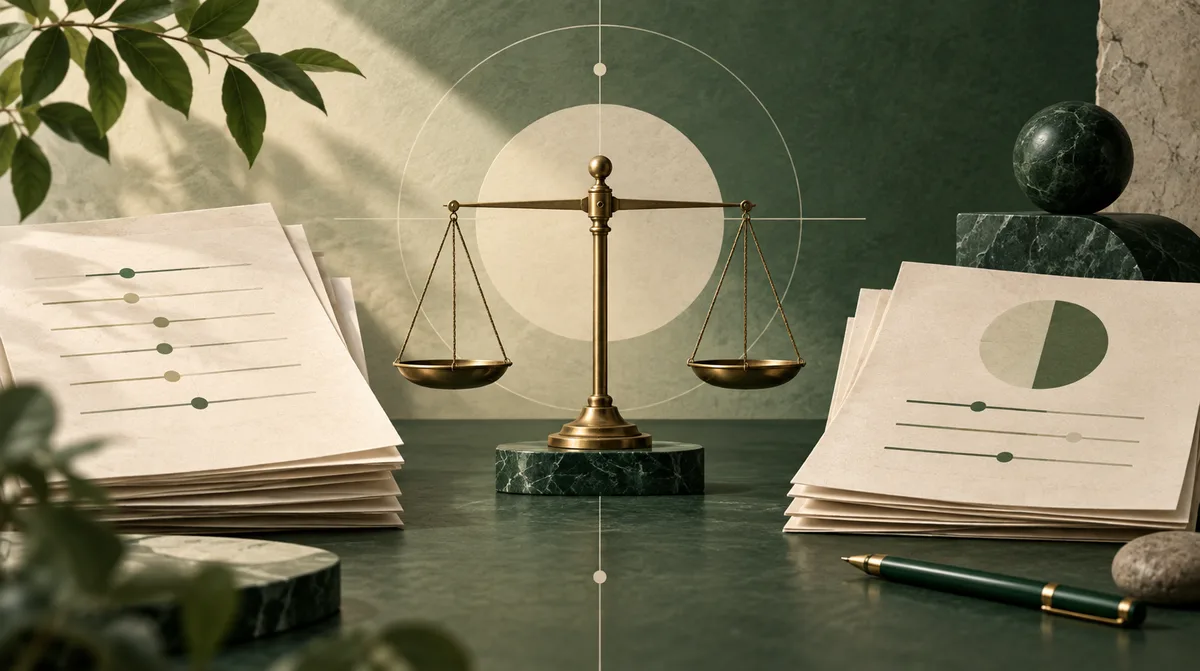 Brass balance scales sit between stacks of paper with simple lines and dots on a green tabletop; a pen, leaves, stones, and a circular geometric backdrop surround them.
