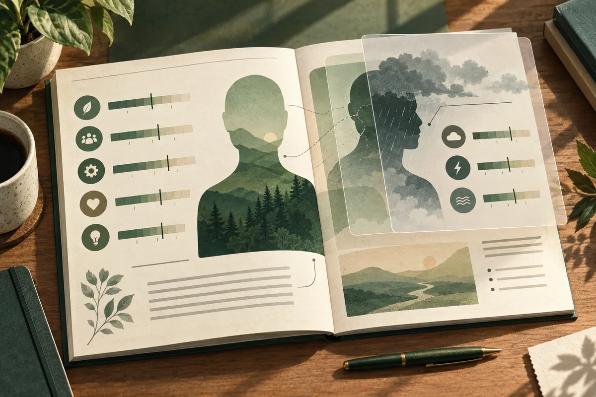 An open illustrated book shows two profile silhouettes filled with forest and cloudy landscape scenes, alongside colored bar meters, circular icons, and a winding river landscape; a pen and coffee cup sit nearby.