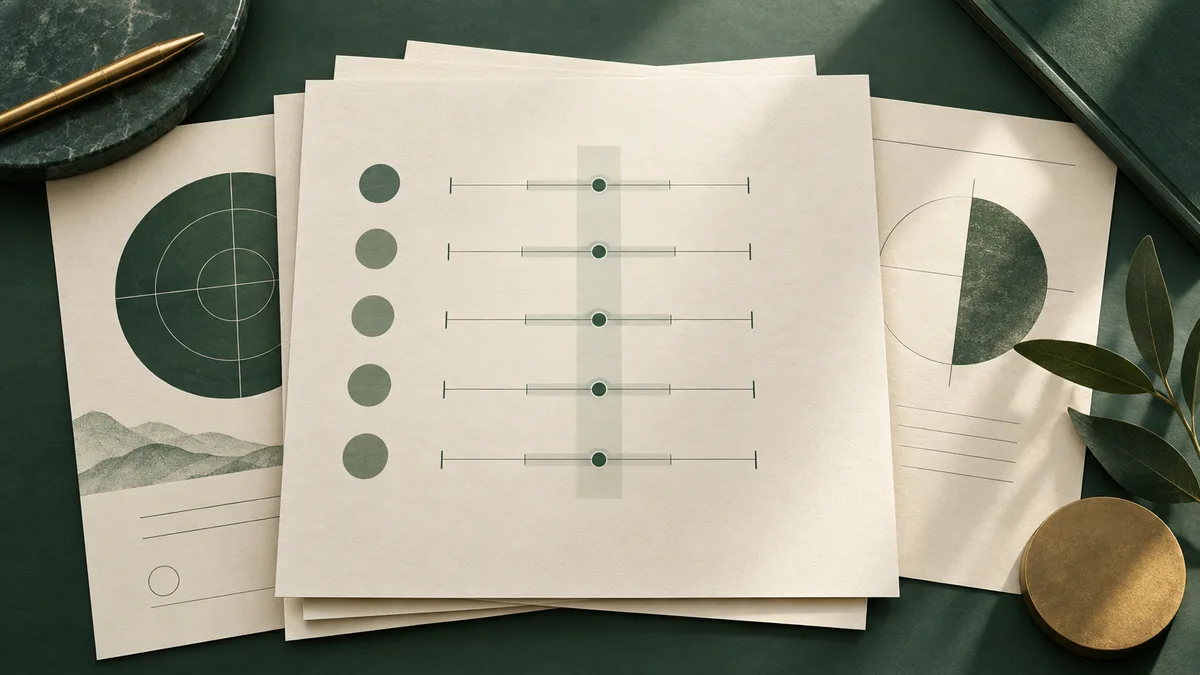 Stacked cream-colored sheets on a dark green surface show five horizontal scales with central green markers, surrounded by geometric illustrations, a pen, leaves, and a brass disk.