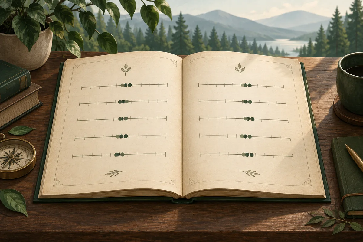 An open book on a wooden table displays horizontal scales with small clusters of green markers; a mountain lake, trees, plants, books, a compass, and a cup are in the background.