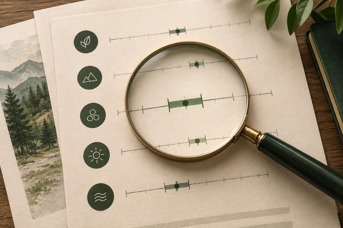 A brass-handled magnifying glass rests over horizontal scales with green markers and shaded ranges on cream paper, beside circular symbols and a landscape illustration.