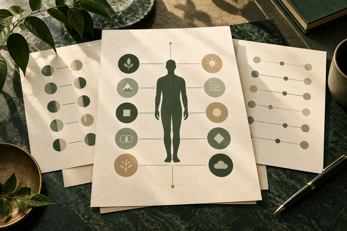 A dark human silhouette stands on a cream report page, surrounded by colored circles with simple symbols; two pages of divided circles and aligned dots lie beside it on a dark stone table.