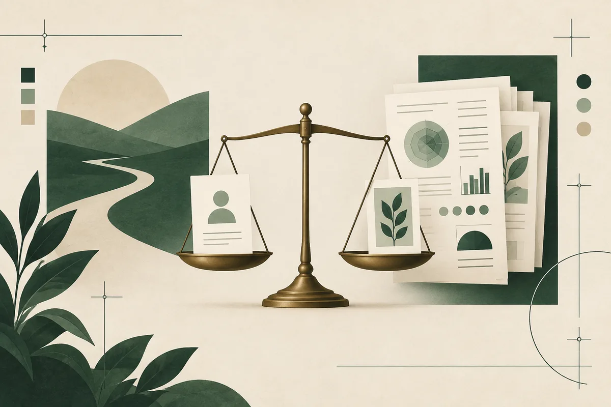 A brass balance scale stands between a small profile card and stacked report pages with simple charts, against a green landscape illustration.