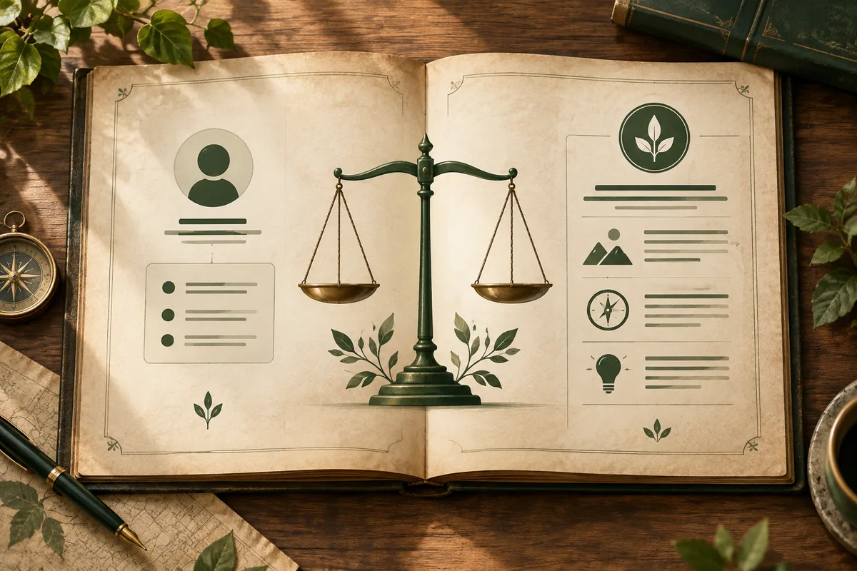 An open book shows a balance scale between two pages of diagrams and chart-like marks, with small plants around it.