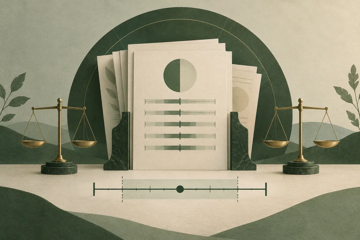 A stack of report pages with a circle and horizontal scales stands between two balance scales, above a marked measurement line.
