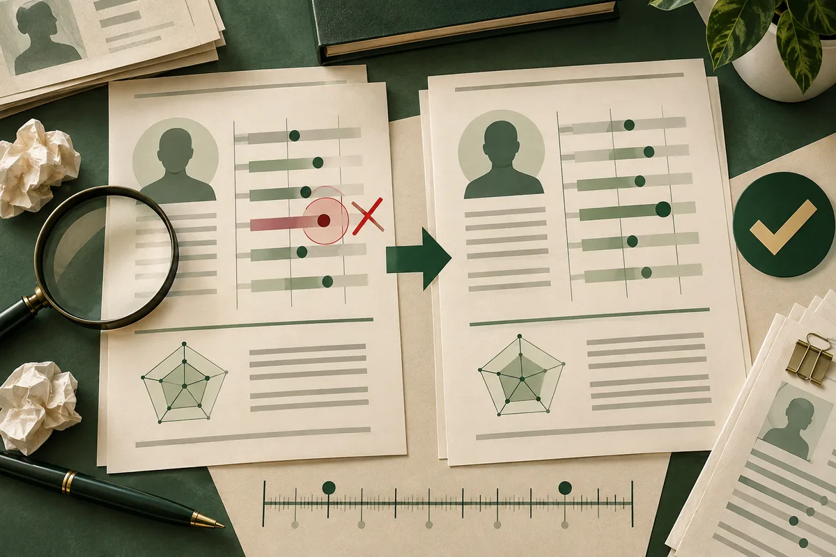 Two illustrated report pages with silhouette icons and horizontal chart bars sit on a dark green desk. One page has a red X over a highlighted bar, with a green arrow pointing to the other page beside a check mark; a magnifying glass and papers are nearby.