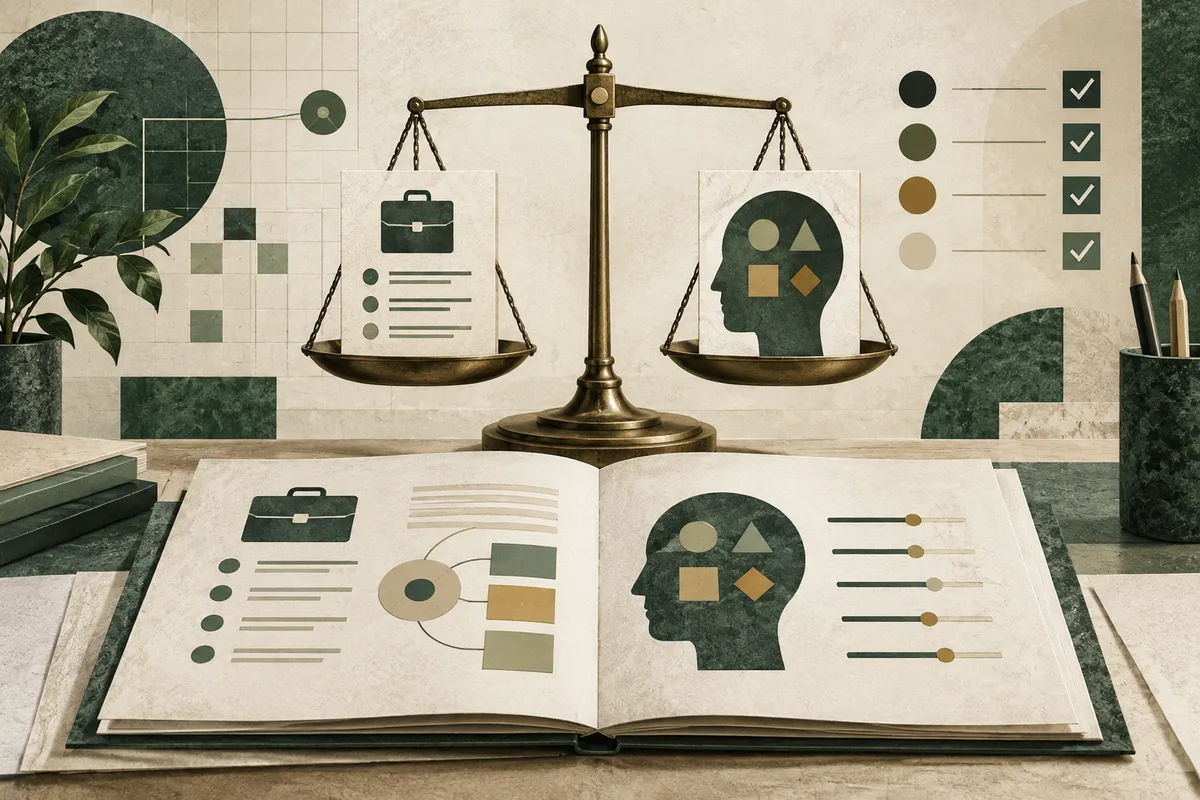 Brass balance scale between a card with a briefcase icon and a card with a head silhouette containing geometric shapes; an open illustrated report lies in the foreground.
