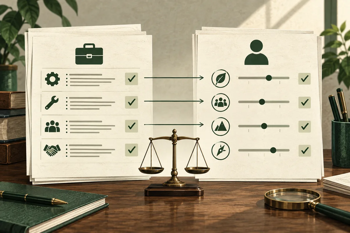 Two large illustrated sheets show a briefcase and rows of icons on the left, arrows leading to a person icon and slider lines on the right, with checkmarks throughout.