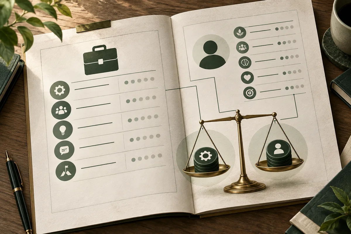 Open illustrated book with a briefcase icon on one page and a person icon on the other, rows of symbols and dots, and a balance scale holding stacked disks.