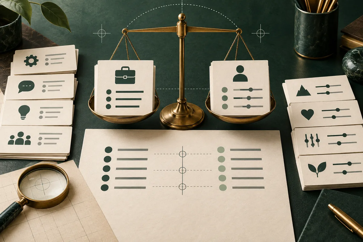 Tabletop arrangement with a brass balance scale holding cards marked by a briefcase and person icons, surrounded by symbol cards, slider lines, and a magnifying glass.