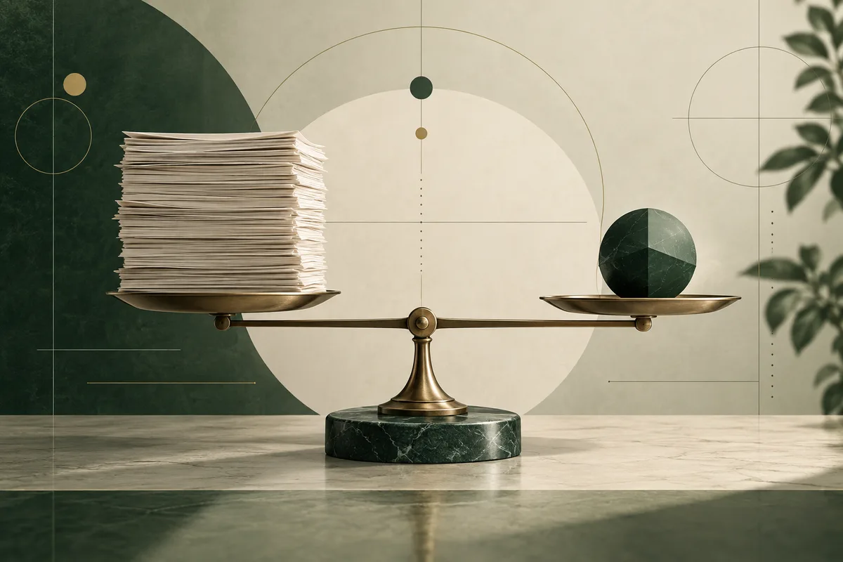 A brass balance scale holds a tall stack of papers on one side and a dark green sphere on the other.