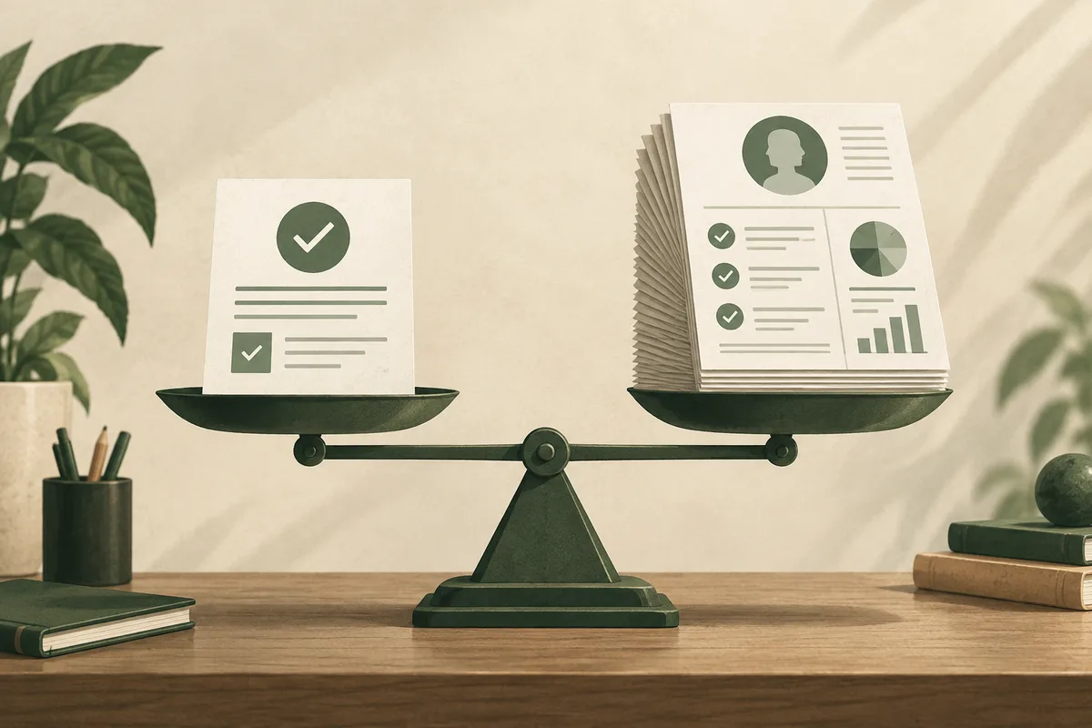 A balance scale holds a single checklist page opposite a stack of report pages with a profile icon, checkmarks, a pie chart, and bars.