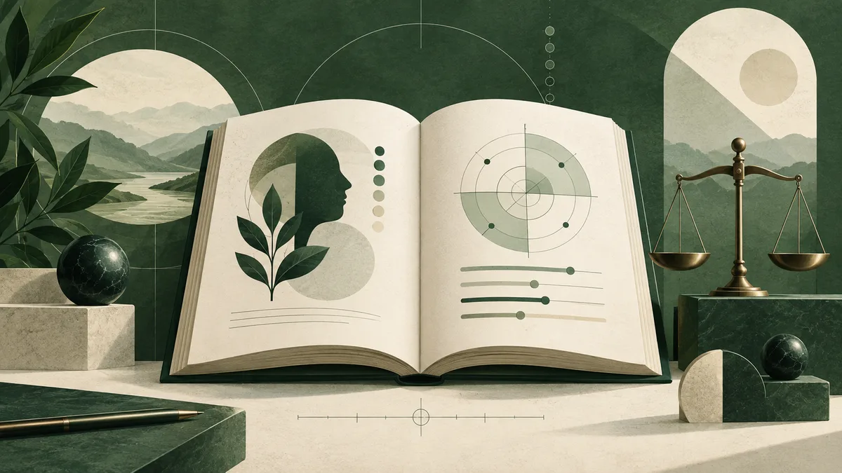 An open illustrated report lies on a table, showing a profile silhouette, a circular graphic, horizontal bars, and leaf motifs; a balance scale stands beside it.