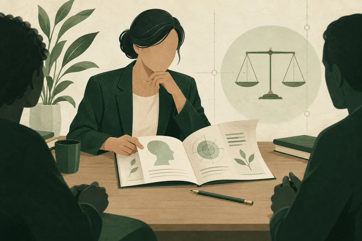 A person at a table points to an open illustrated report while two other people sit nearby; a balance-scale illustration appears on the wall.