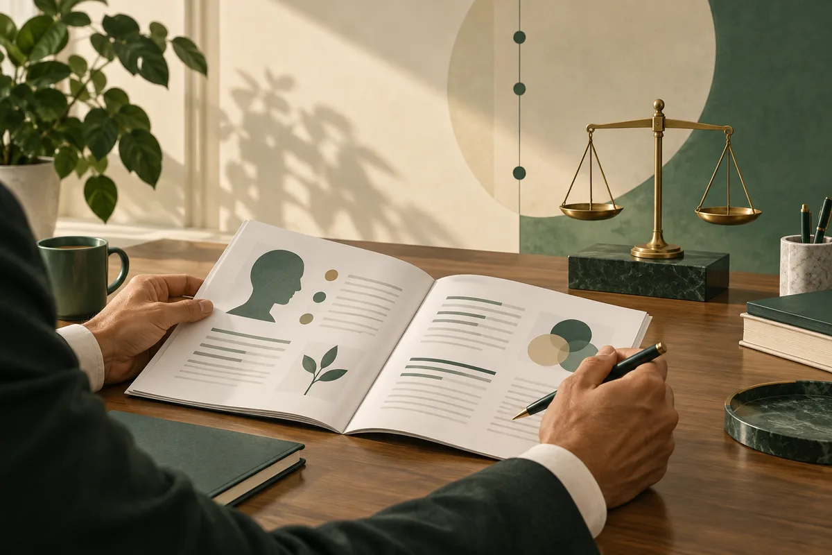 A person holds open an illustrated report and writes with a pen; the pages show a profile silhouette, colored circles, horizontal lines, and a leaf.