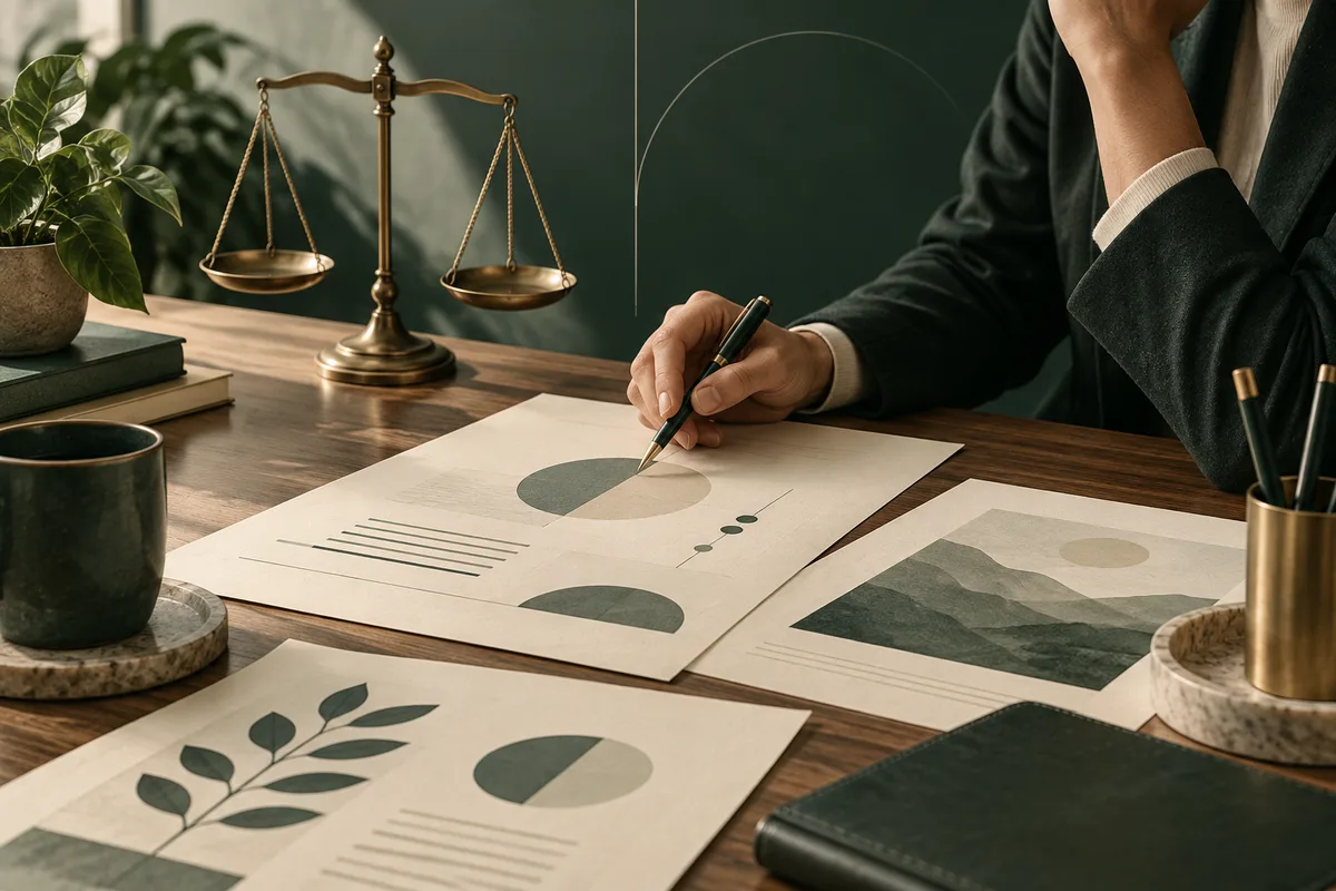 A person writes on illustrated report pages spread across a wooden desk, with circular graphics, bars, leaves, and a balance scale in the background.