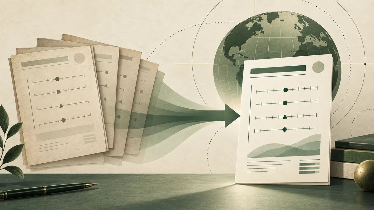 Several cream report pages with line scales point toward a single page in front of a green globe.