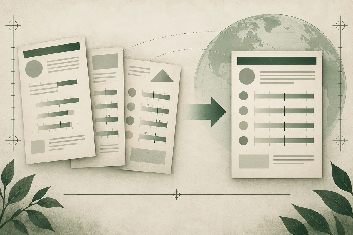 Three report pages with shaded scales point toward one page, with a large globe behind it.