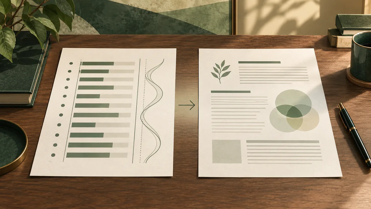 Two cream report pages on a wooden desk: one has green horizontal bars and curved lines, and the other has text-like lines and overlapping circles. A green arrow points between them.