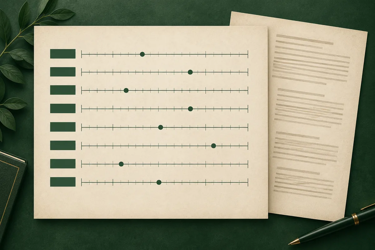 A cream page with seven horizontal measurement scales, each marked by a green dot, rests over another page with text-like lines on a dark green surface.
