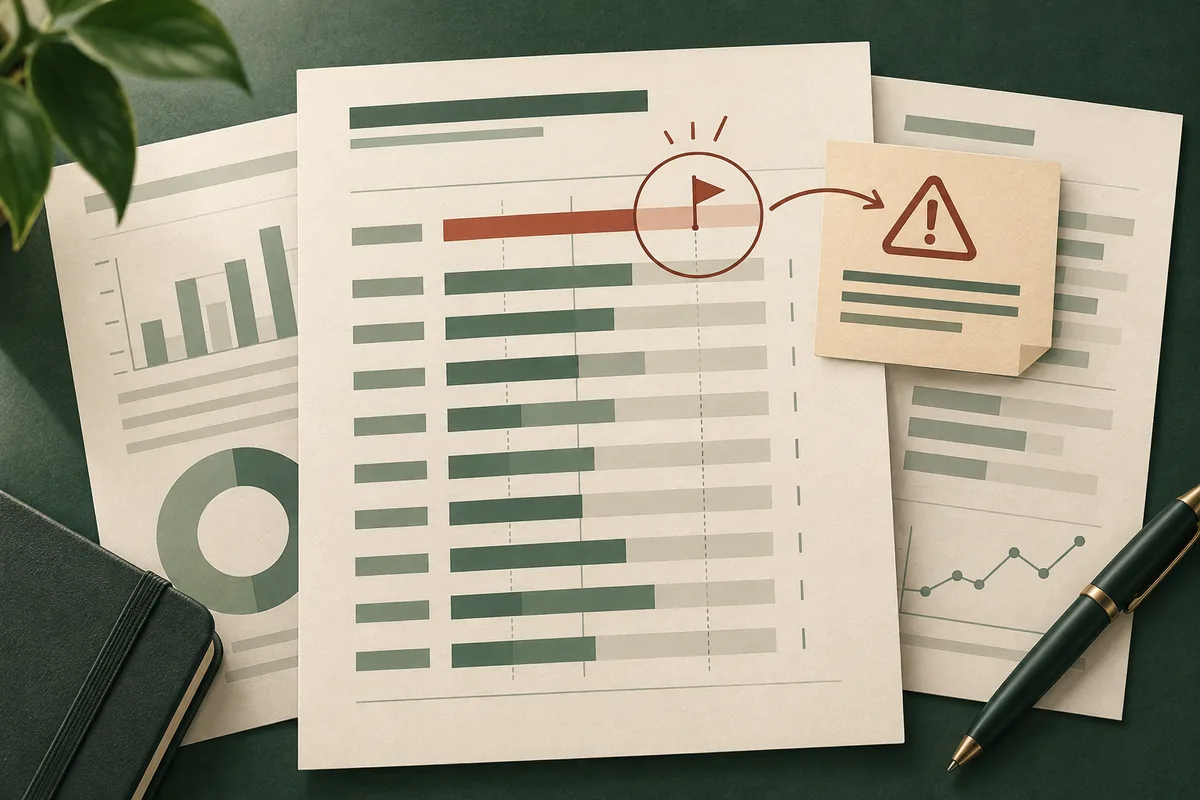 Layered report pages show green bar charts and a central flagged bar, with an arrow pointing to a warning symbol on a note; a pen and leaves frame the pages.