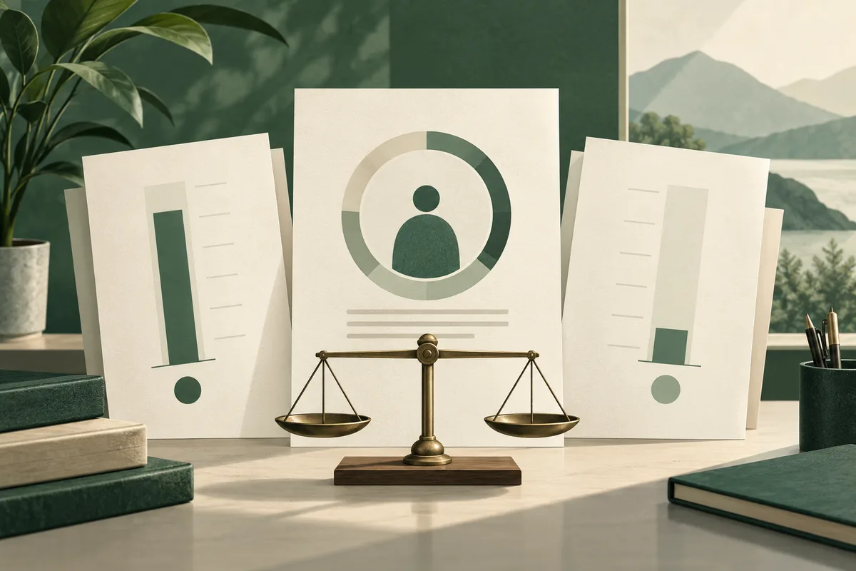 A balance scale stands before three report pages, with a circular person symbol and bars of different heights; a plant and mountain view fill the background.