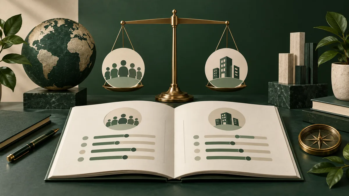 Open book with simple profile charts beneath a balance scale holding a group of people on one side and buildings on the other; a globe and compass sit nearby.