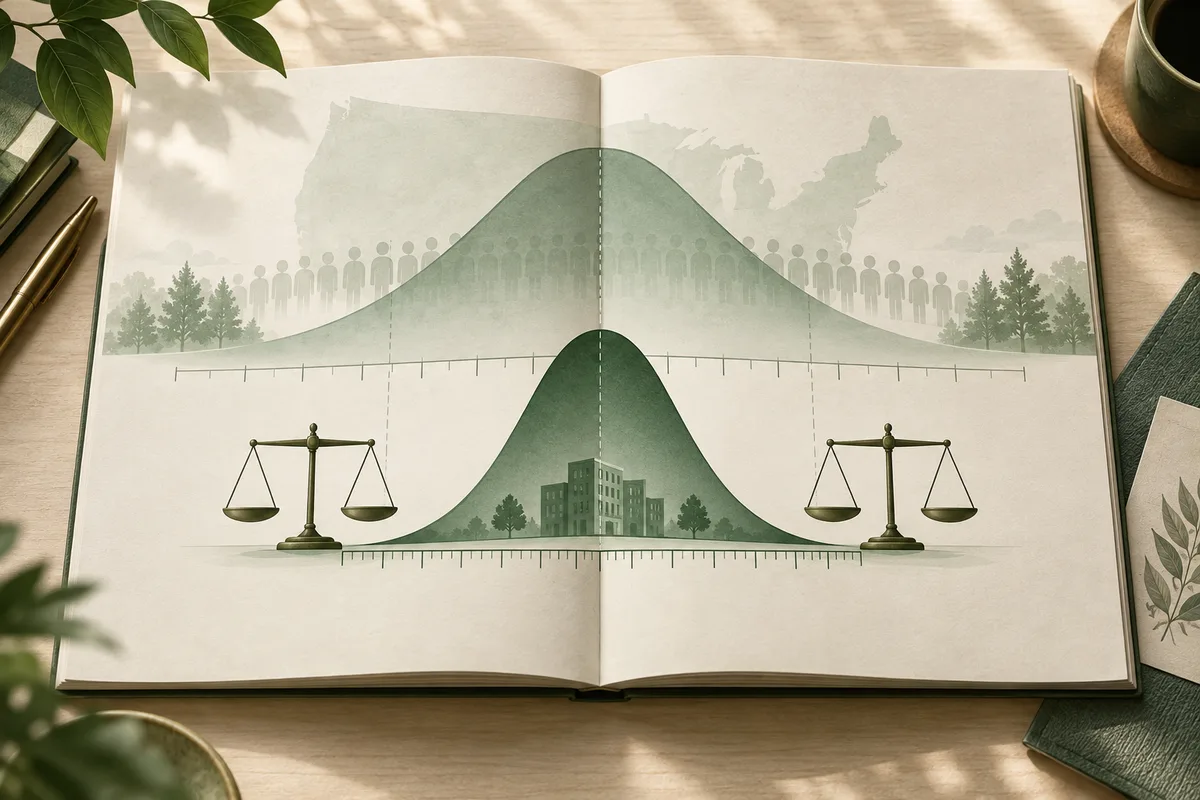 Open book showing two overlapping green bell curves, with rows of silhouettes and trees in the background, a building below, and balance scales on both sides.