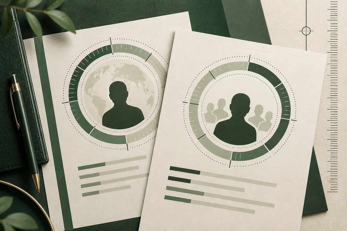 Two report sheets with circular diagrams showing human silhouettes, a globe on one sheet, a group of silhouettes on the other, and simple horizontal bars below.