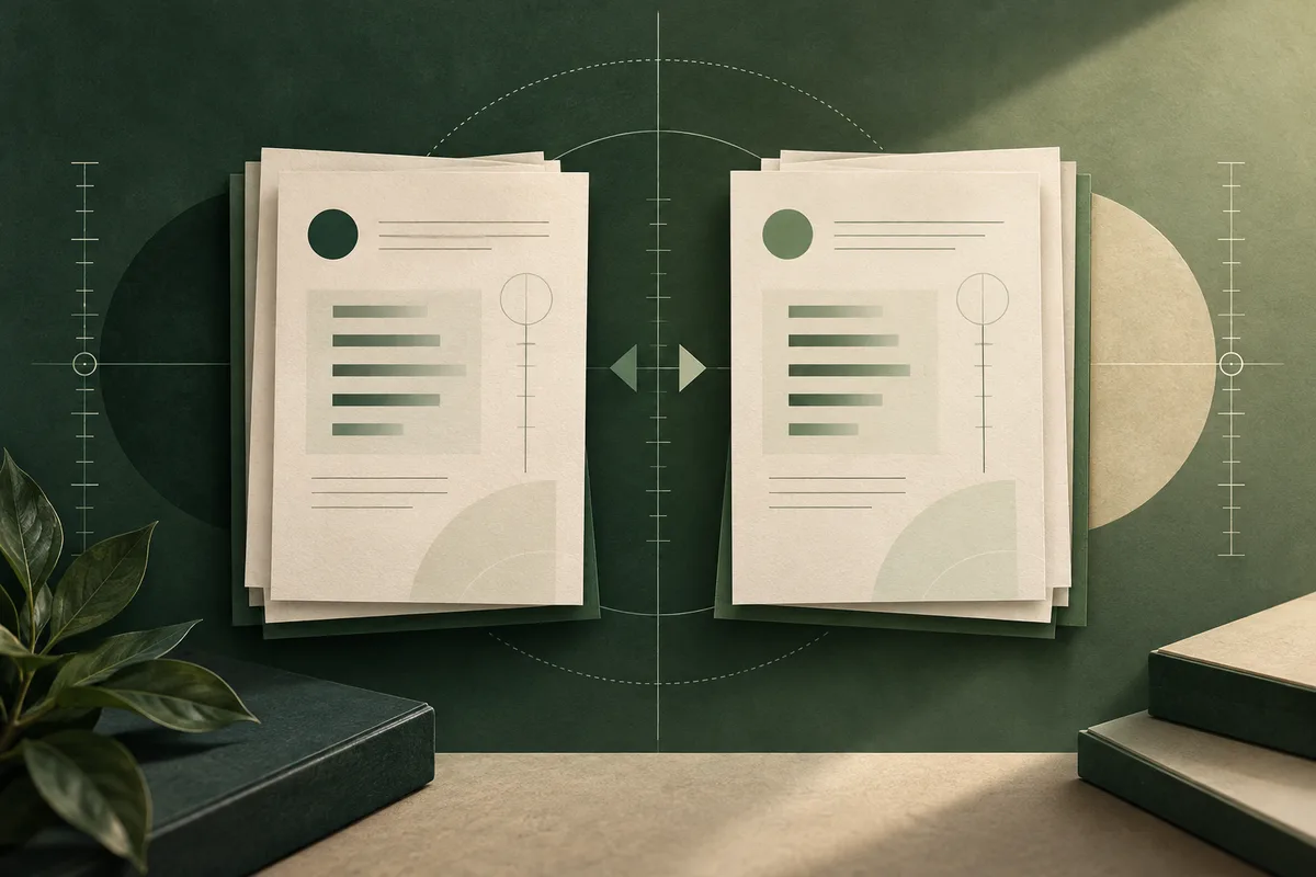 Two cream report pages with simple bars and circular graphics sit side by side against a dark green measurement grid, with a small plant at left and stacked books at right.